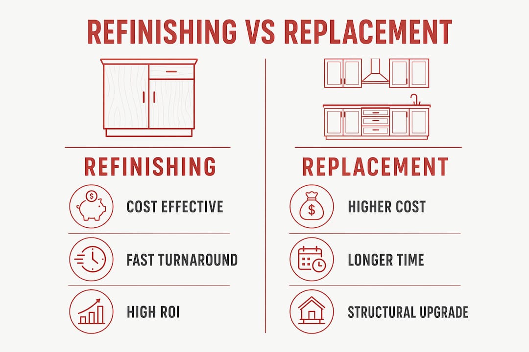 Infographic comparing cabinet refinishing and replacement