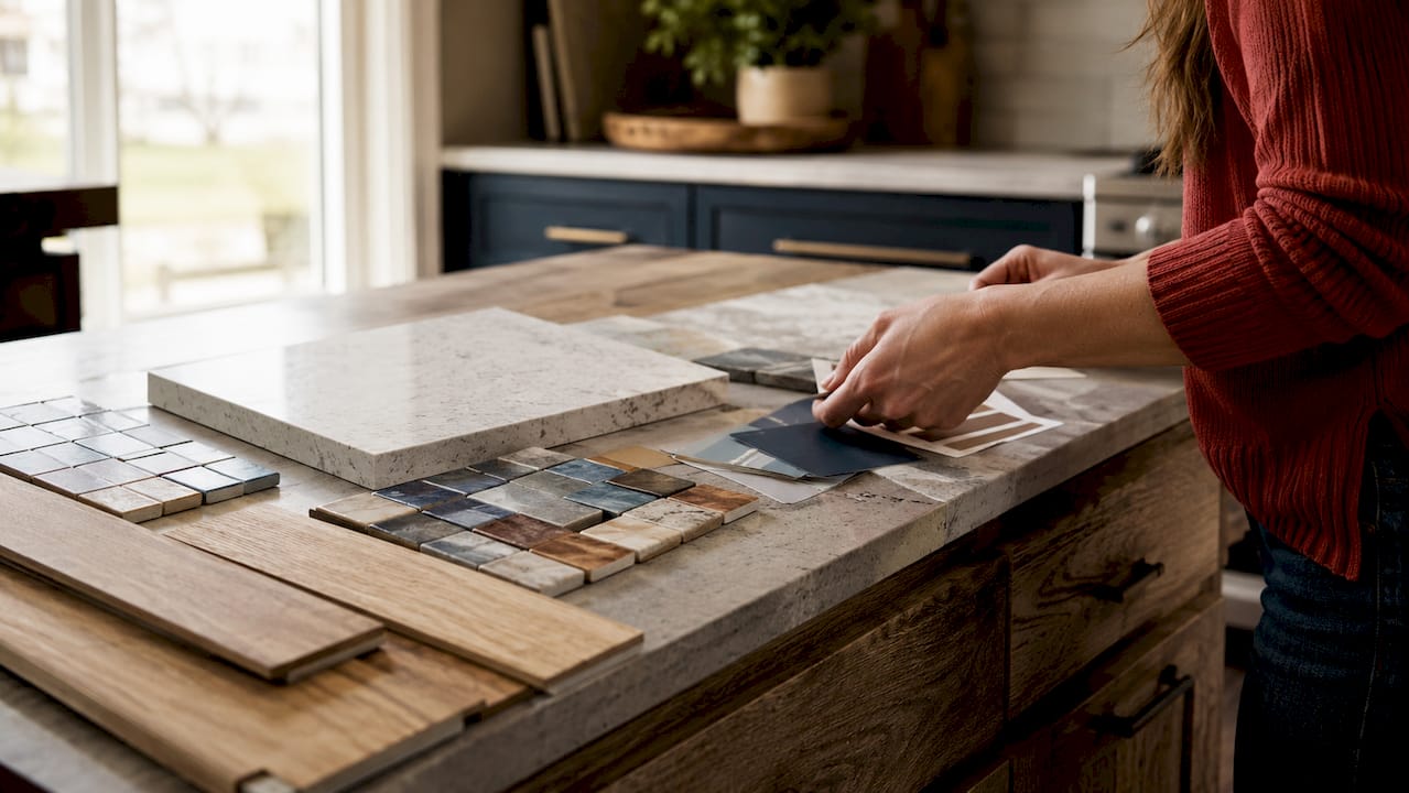 Overhead view of kitchen materials and paint chips