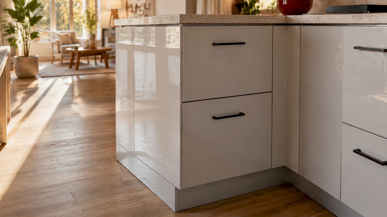 Glossy factory cabinet surface close-up