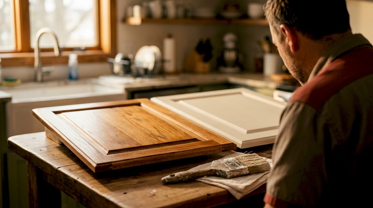 Close-up of wood tone and off-white cabinet finishes