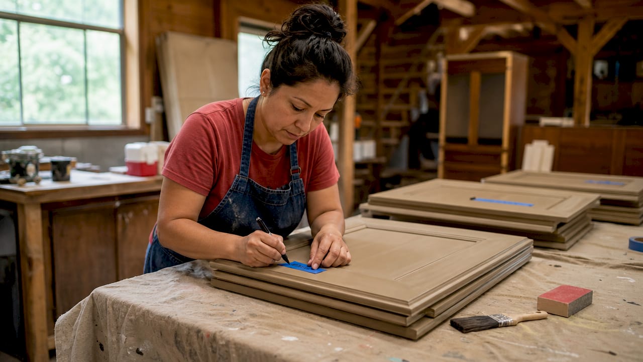 Hands labeling cabinet doors with painter's tape