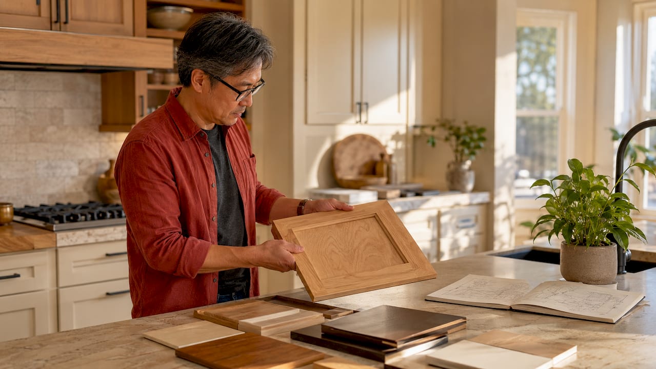 Man inspecting wood cabinet sample