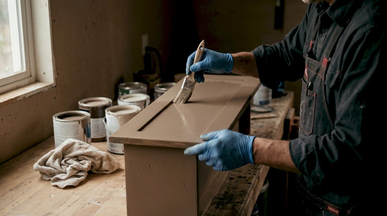 Hands applying satin finish on cabinet door