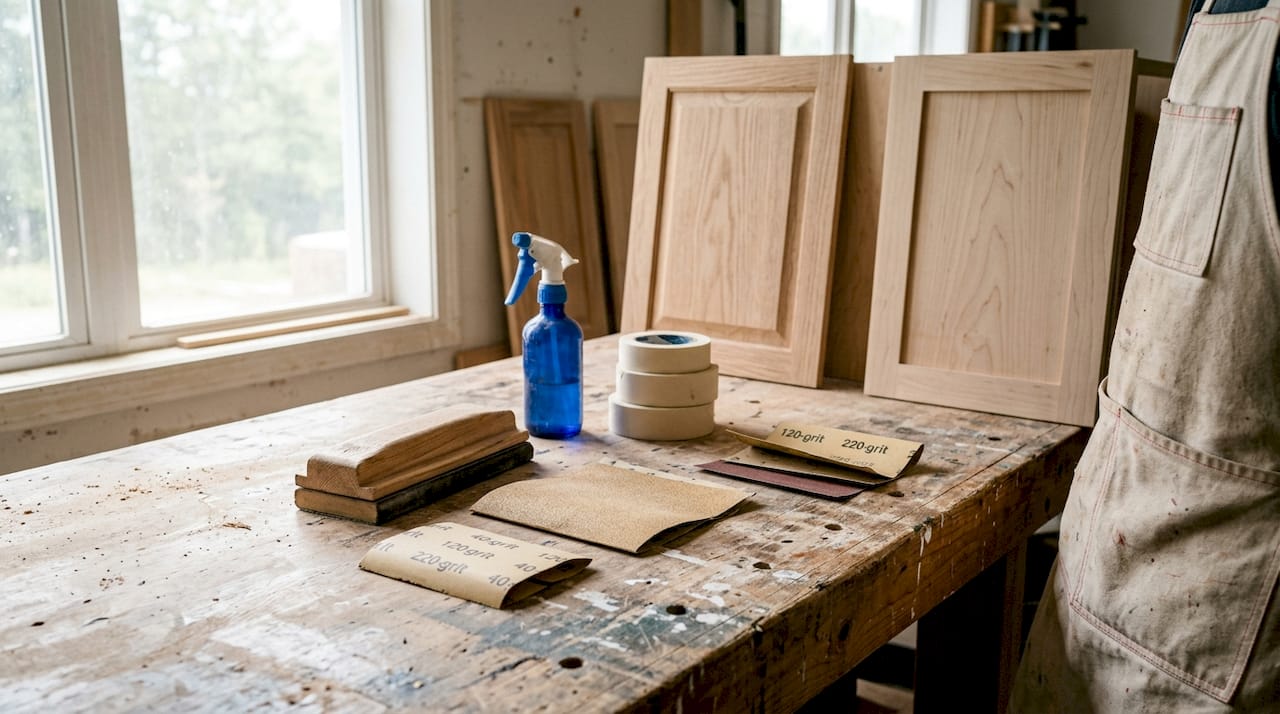 Sanding tools and cabinet doors in workshop