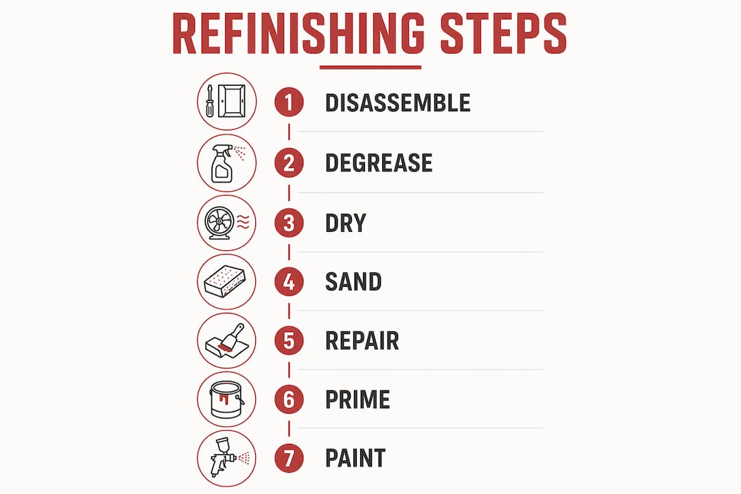 Infographic outlining cabinet refinishing preparation steps in order