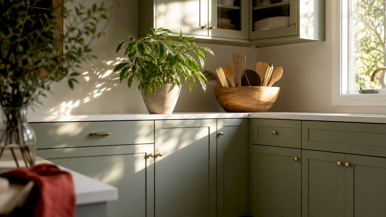 Close-up of emerald green kitchen cabinets with natural decor