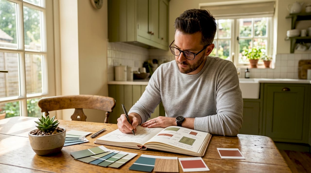 Designer working on green kitchen cabinet colors