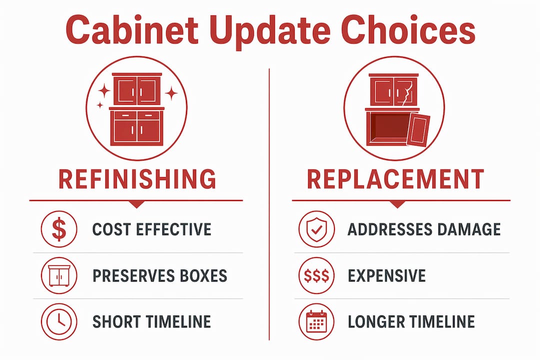 Infographic comparing kitchen cabinet refinishing and replacement