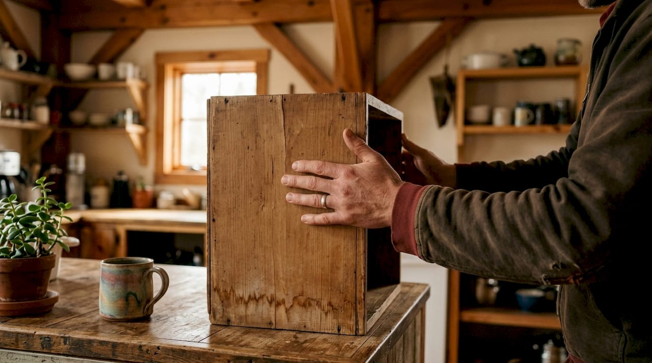 Close-up of hands inspecting damaged kitchen cabinet