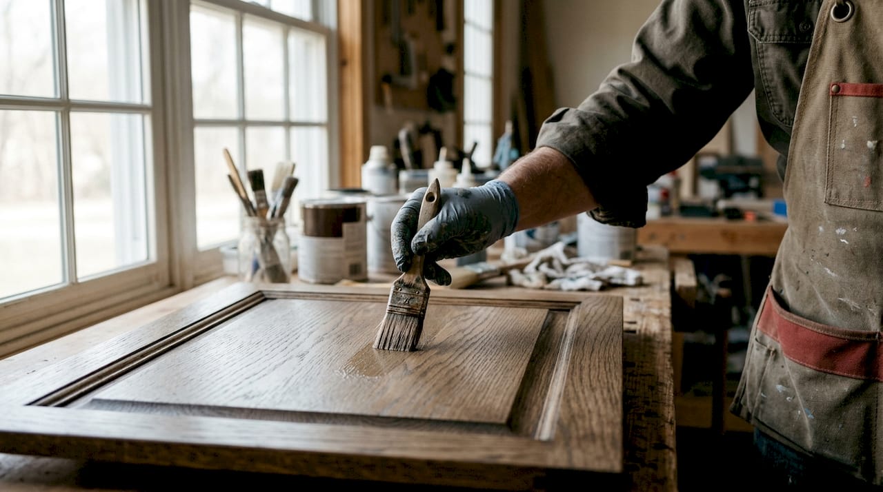 Hand painting matte finish on wood cabinet