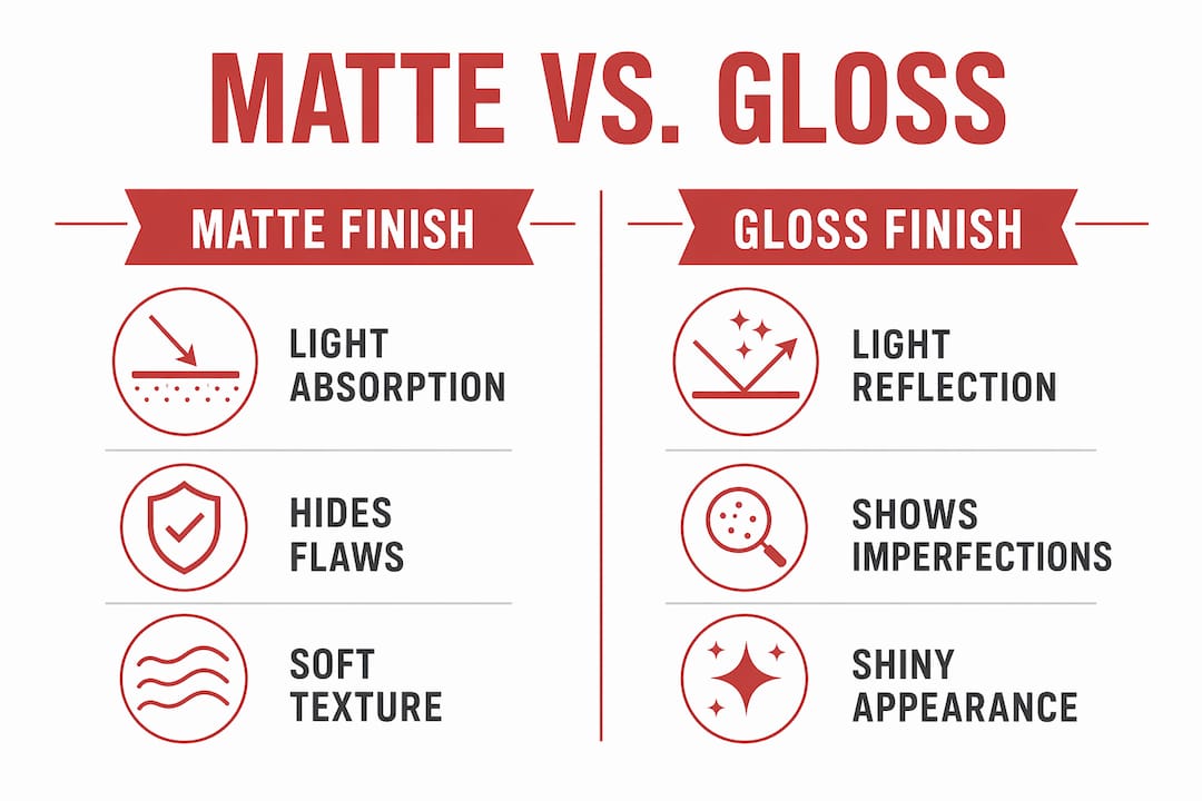Infographic comparing matte and gloss cabinet finishes
