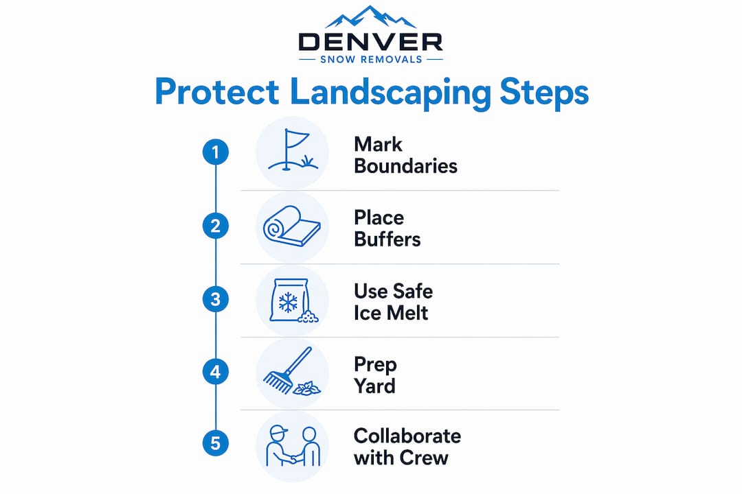 Infographic illustrating steps to protect landscaping during snow plowing