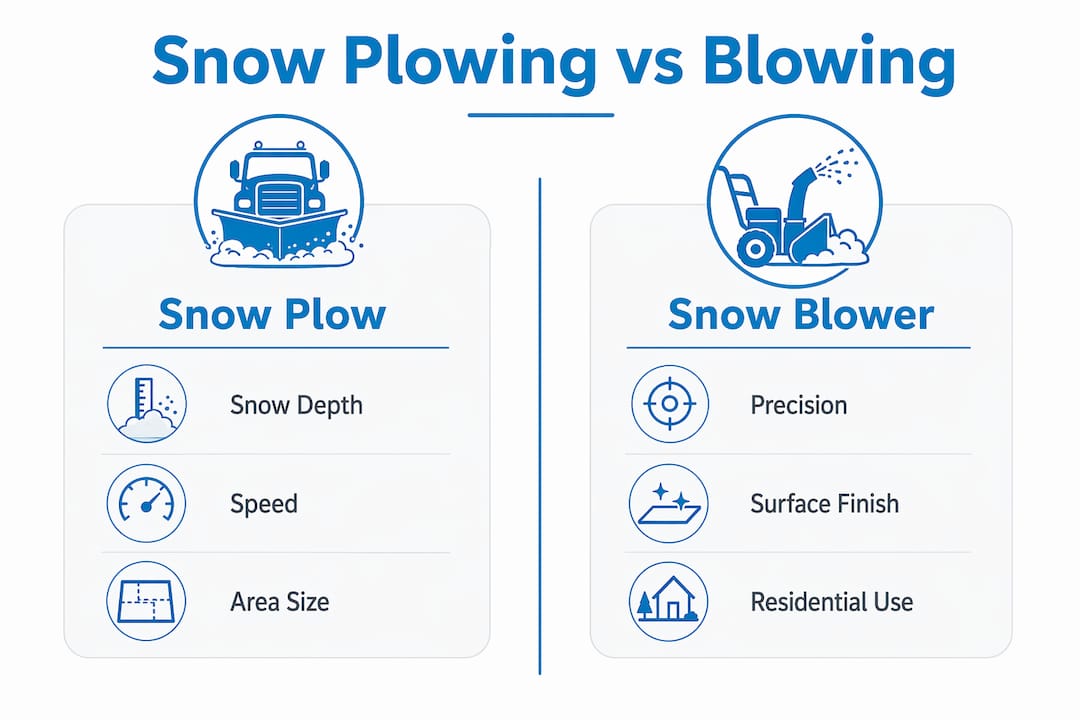 Infographic comparing snow plowing and snow blowing features