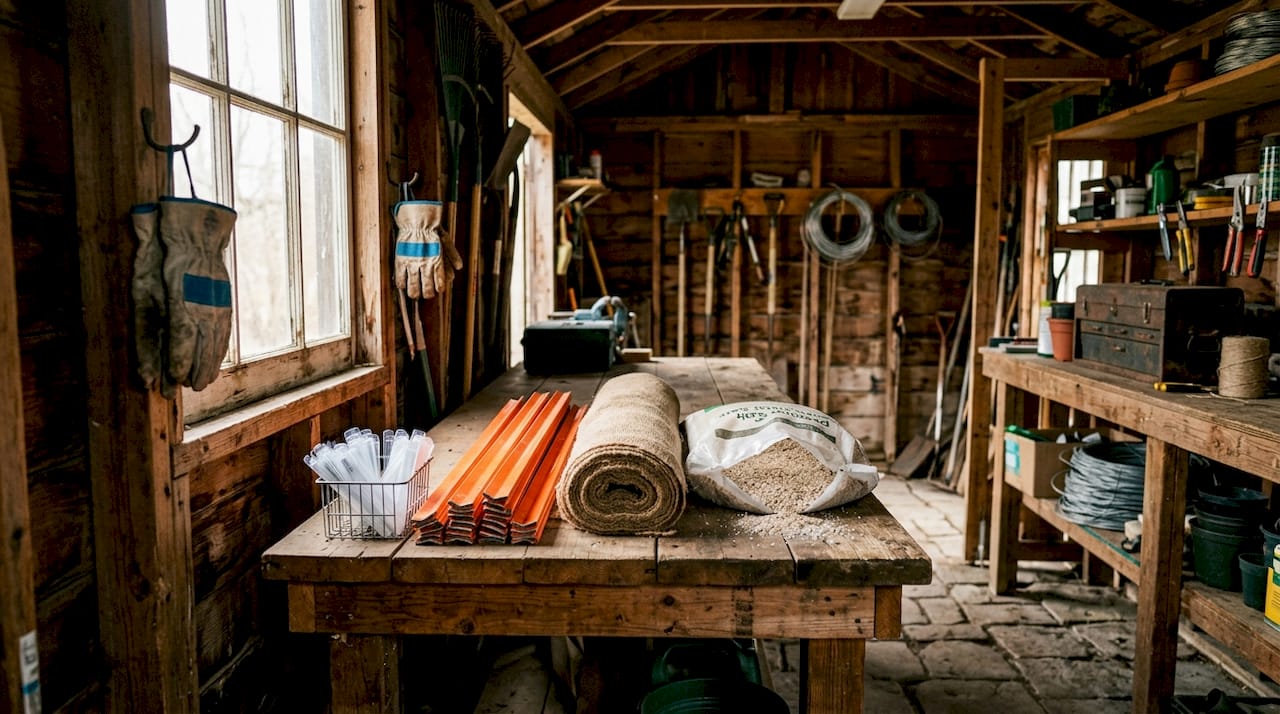 Assorted landscaping protection tools on wooden workbench