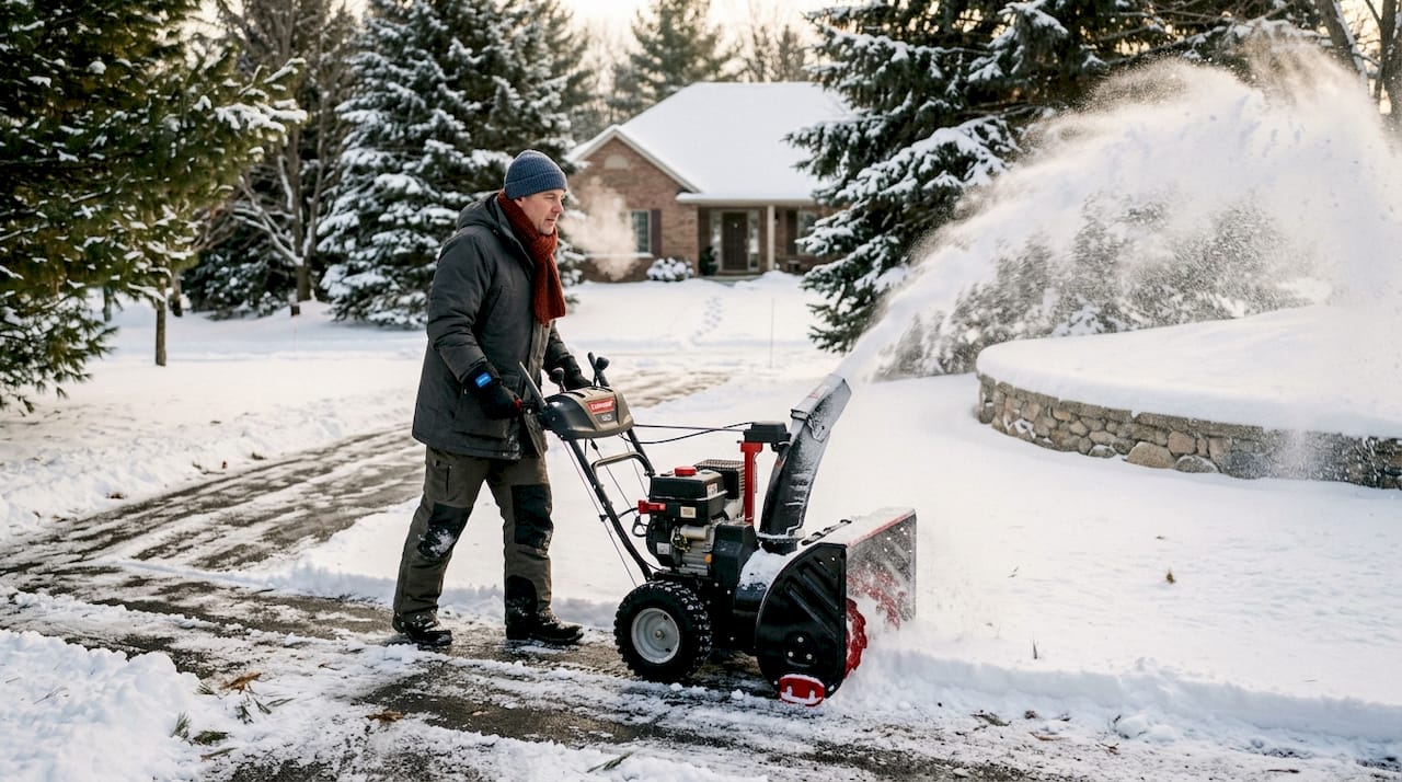 Man using snow blower on residential driveway
