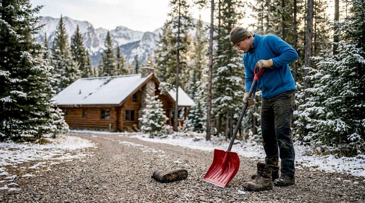 Hands testing snow shovel on driveway