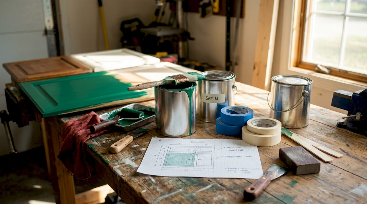 Tools and materials for cabinet refinishing on workbench