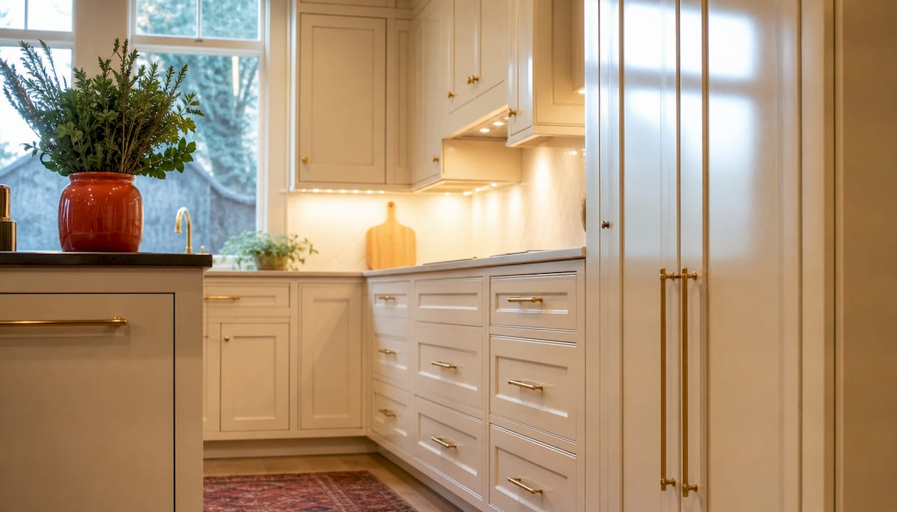 Newly refinished kitchen cabinets in elegant setting