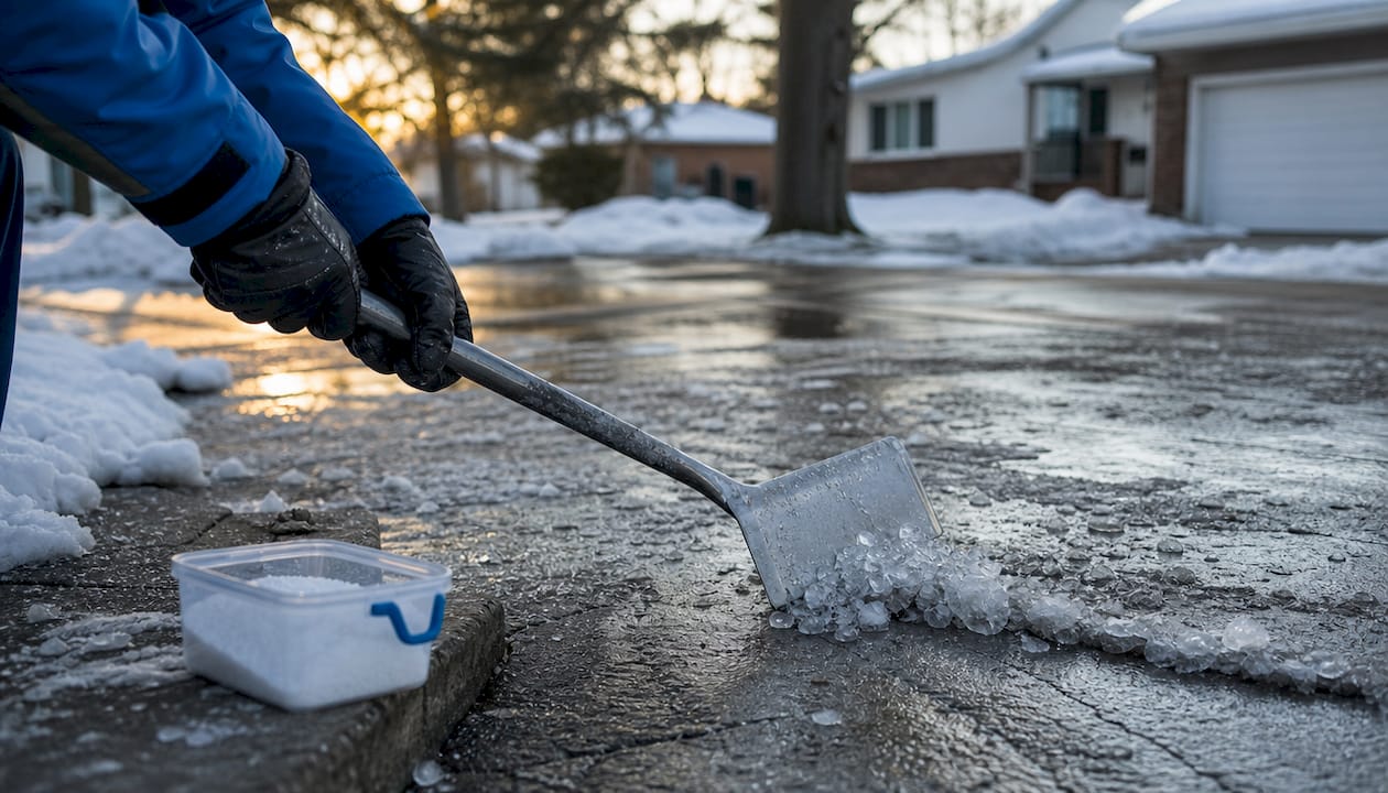 Hands using plastic shovel and ice melt on driveway ice