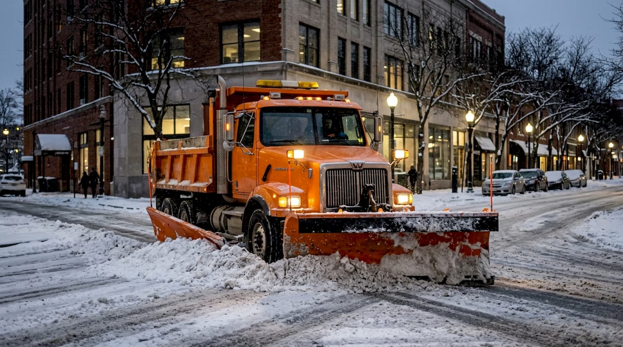 Snowplow clearing main residential street