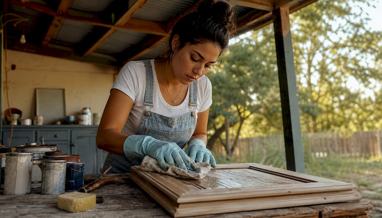 Woman wiping glaze from cabinet door in kitchen
