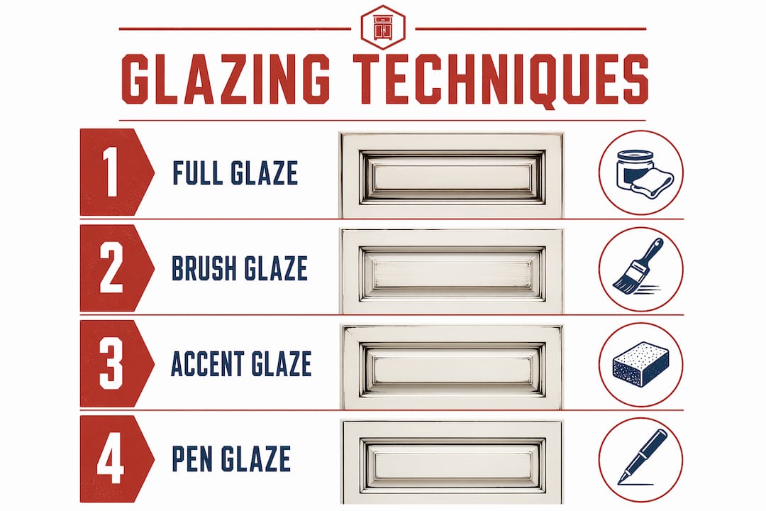 Infographic illustrating four cabinet glazing techniques