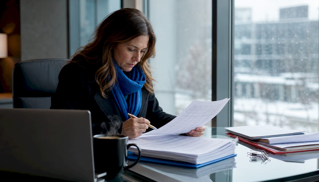 Woman reviewing snow removal business documents indoors