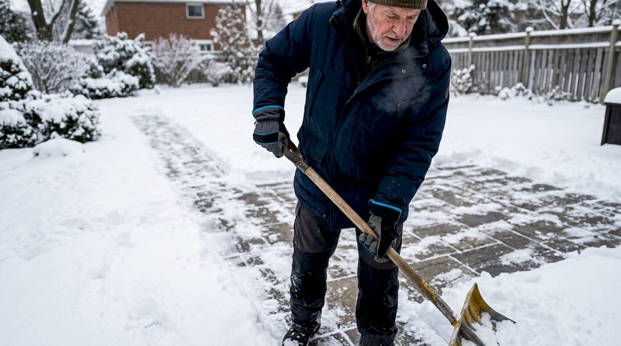 Close-up of hands gripping snow shovel outdoors