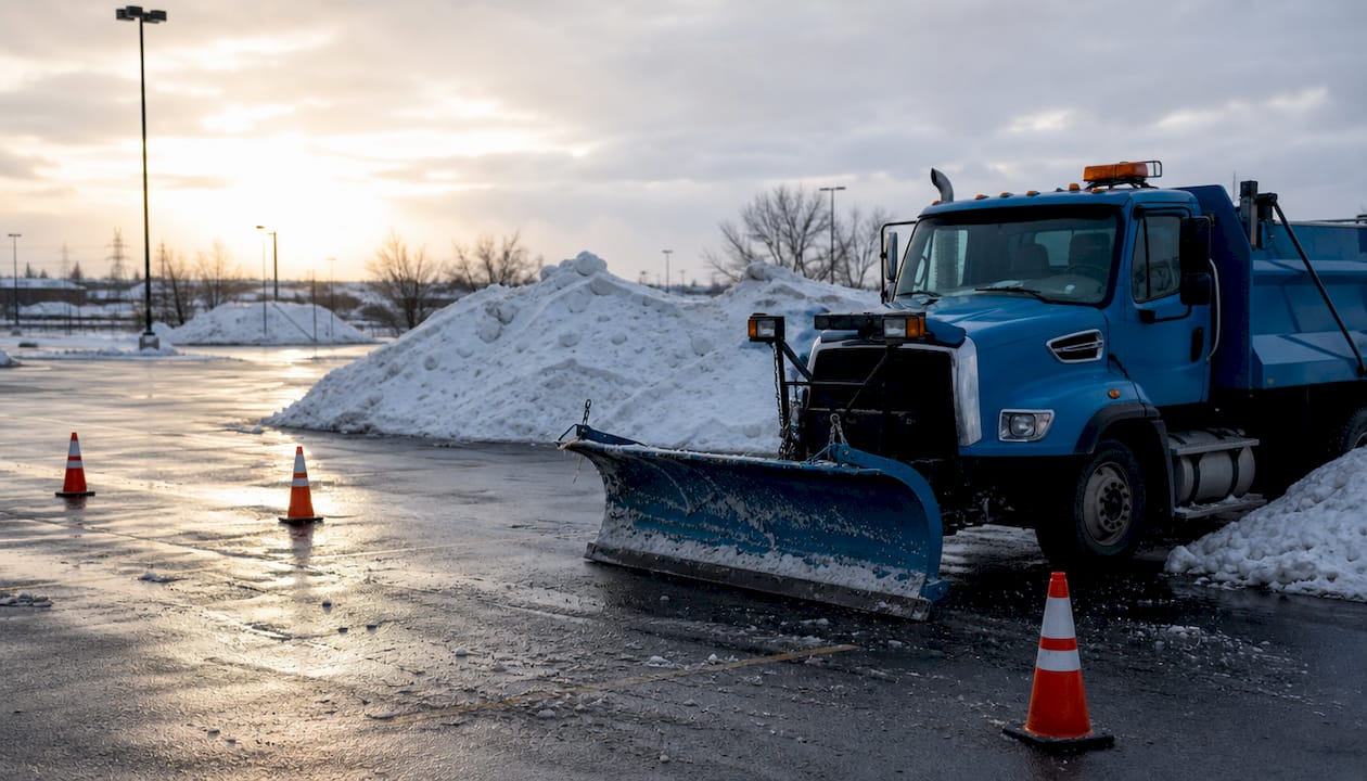 Snow plow parked in commercial parking lot