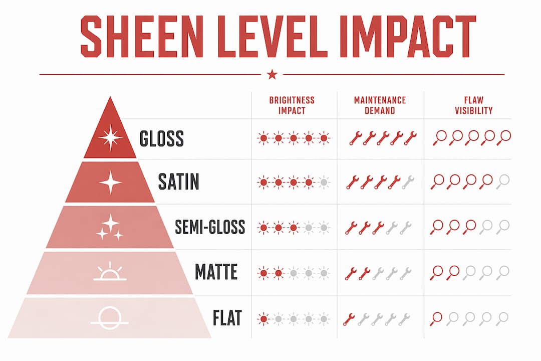 Infographic ranking cabinet finishes by brightness and maintenance
