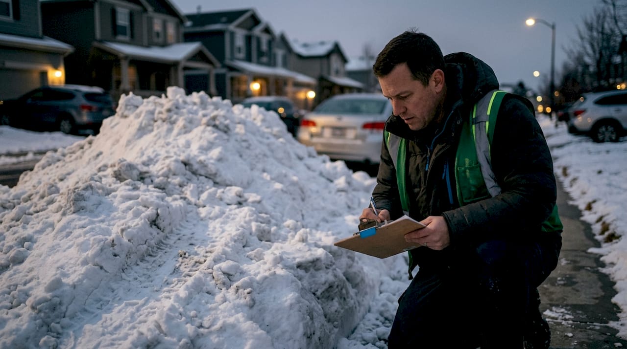 City worker inspecting tall snow pile by sidewalk