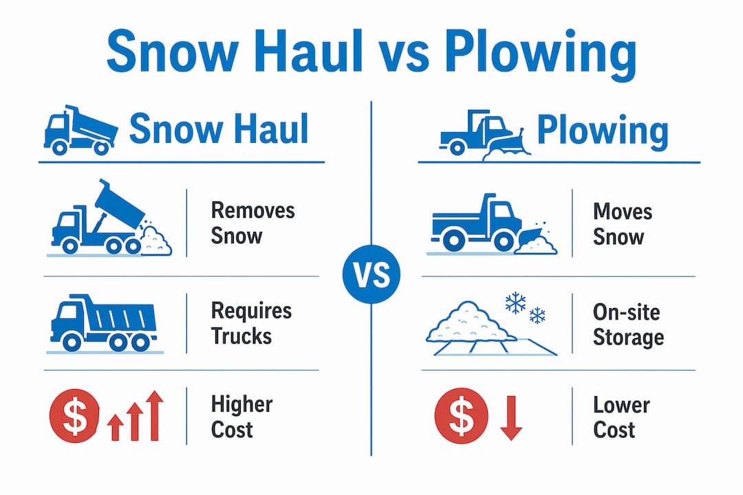 Infographic comparing snow haul-away and plowing differences