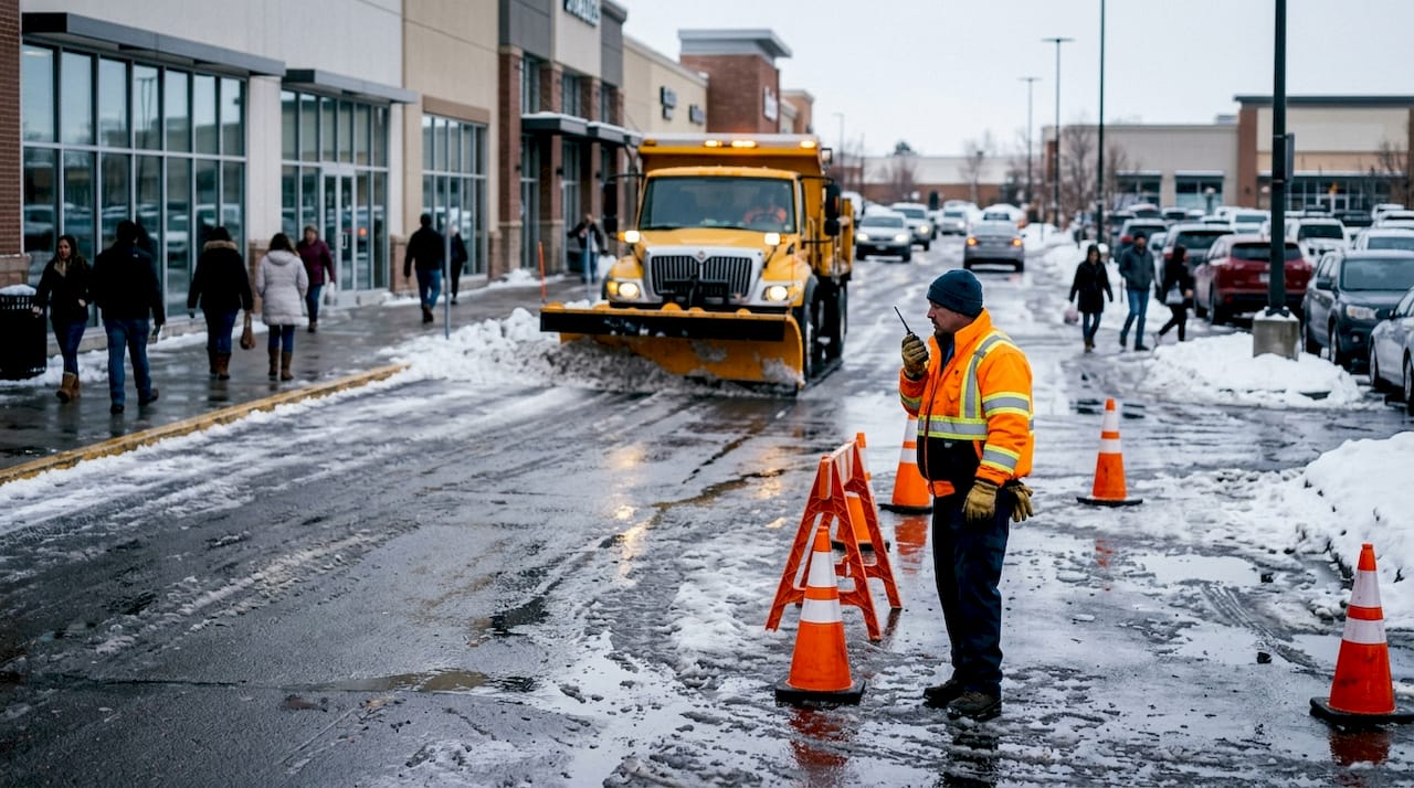 Snow plow clearing commercial parking lot in winter