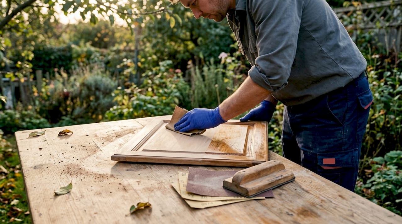 Hands sanding kitchen cabinet drawer with sandpaper