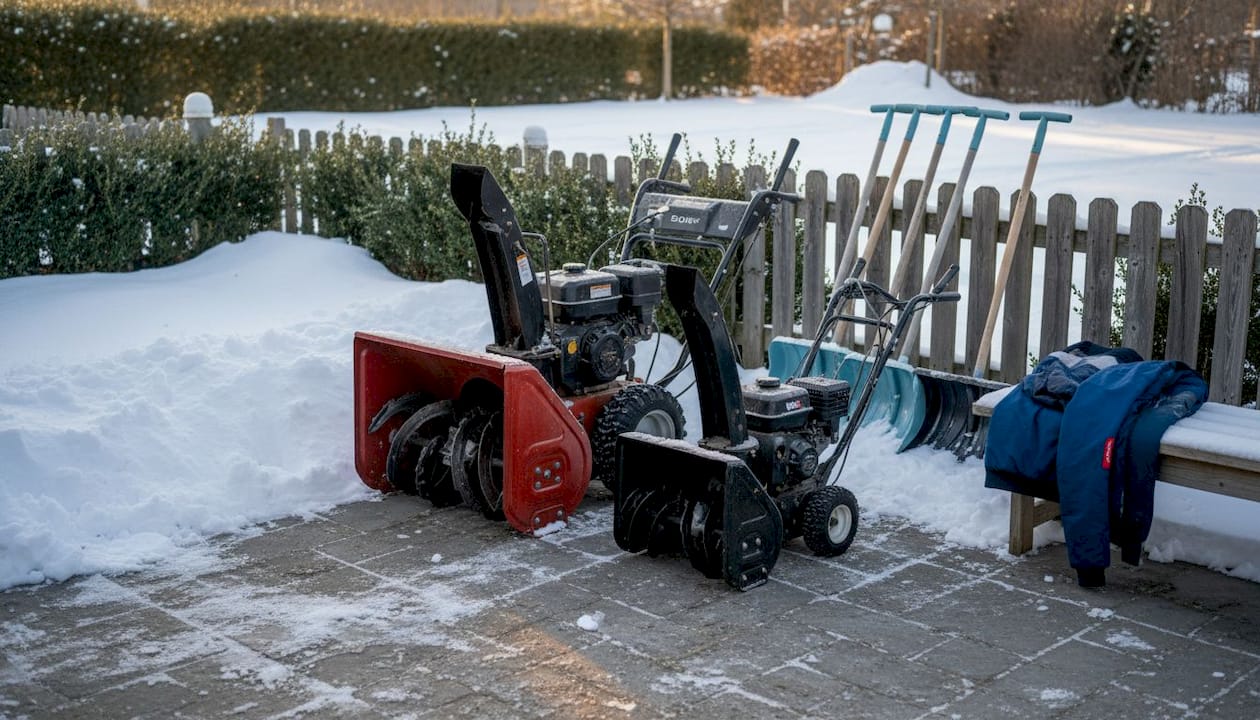 Overhead view of snow blowers and ergonomic shovels on driveway
