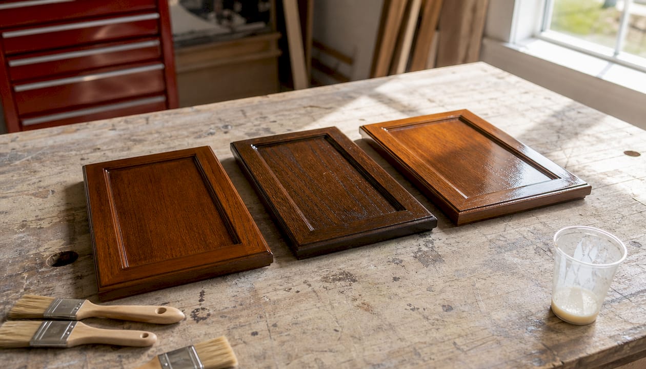 Three types of cabinet topcoat finish samples