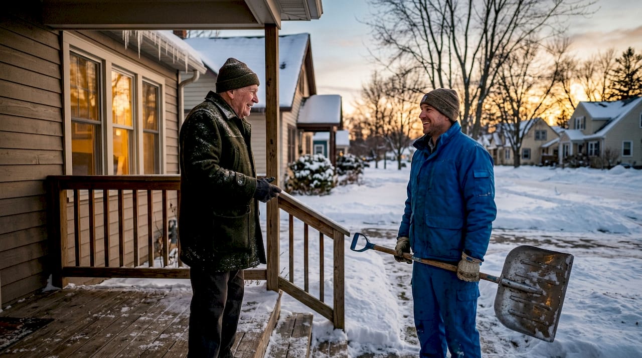 Senior resident receiving snow removal help outdoors