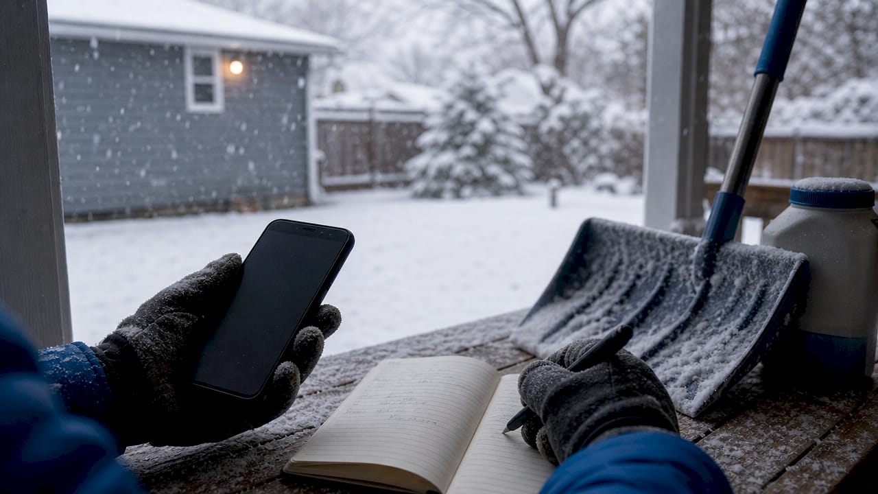 Hands with smartphone and tools preparing snow removal documentation