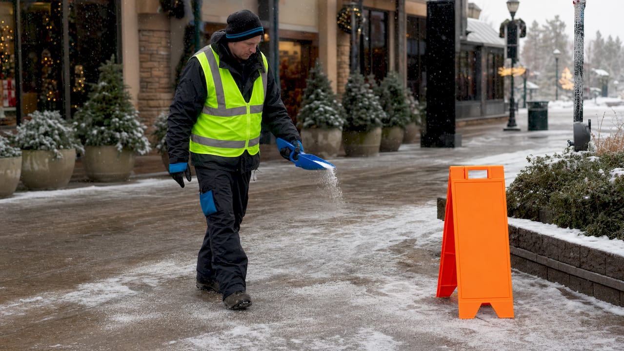 Worker applying ice melt on commercial sidewalk