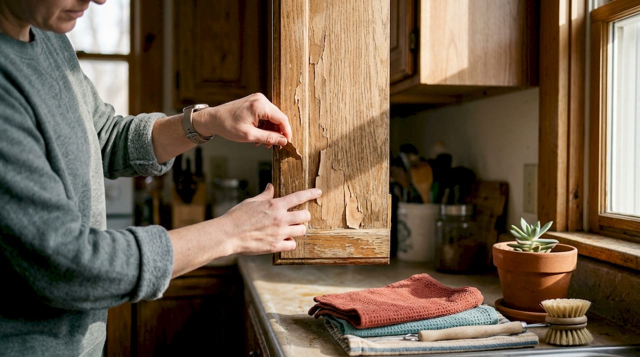 Close-up hands inspecting peeling cabinet finish