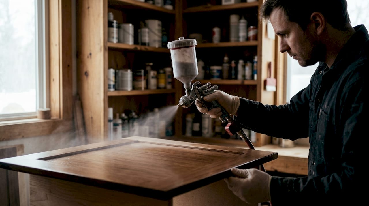 HVLP sprayer applying finish to cabinet door