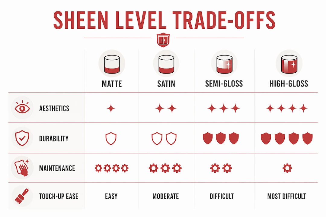 Infographic comparing cabinet finish sheen trade-offs