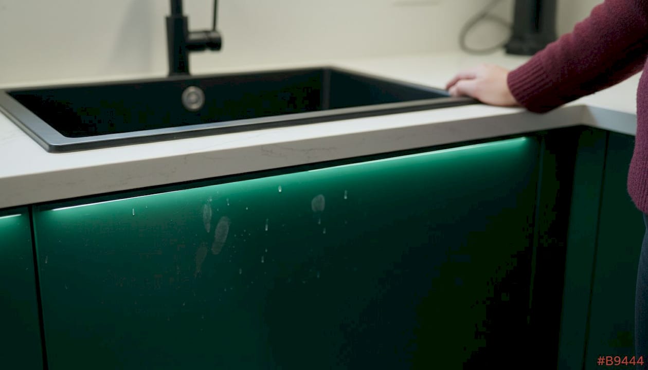 Close-up of semi-gloss navy kitchen cabinet door
