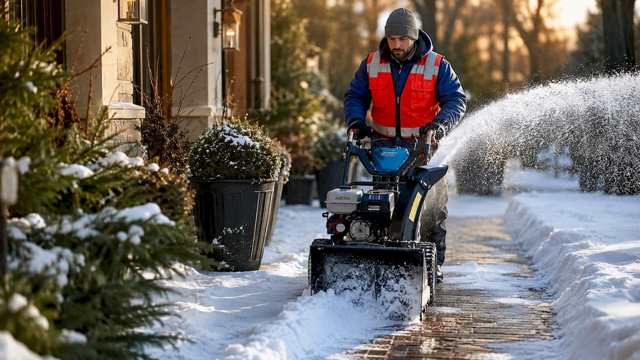 Technician using walk-behind snow blower at entrance