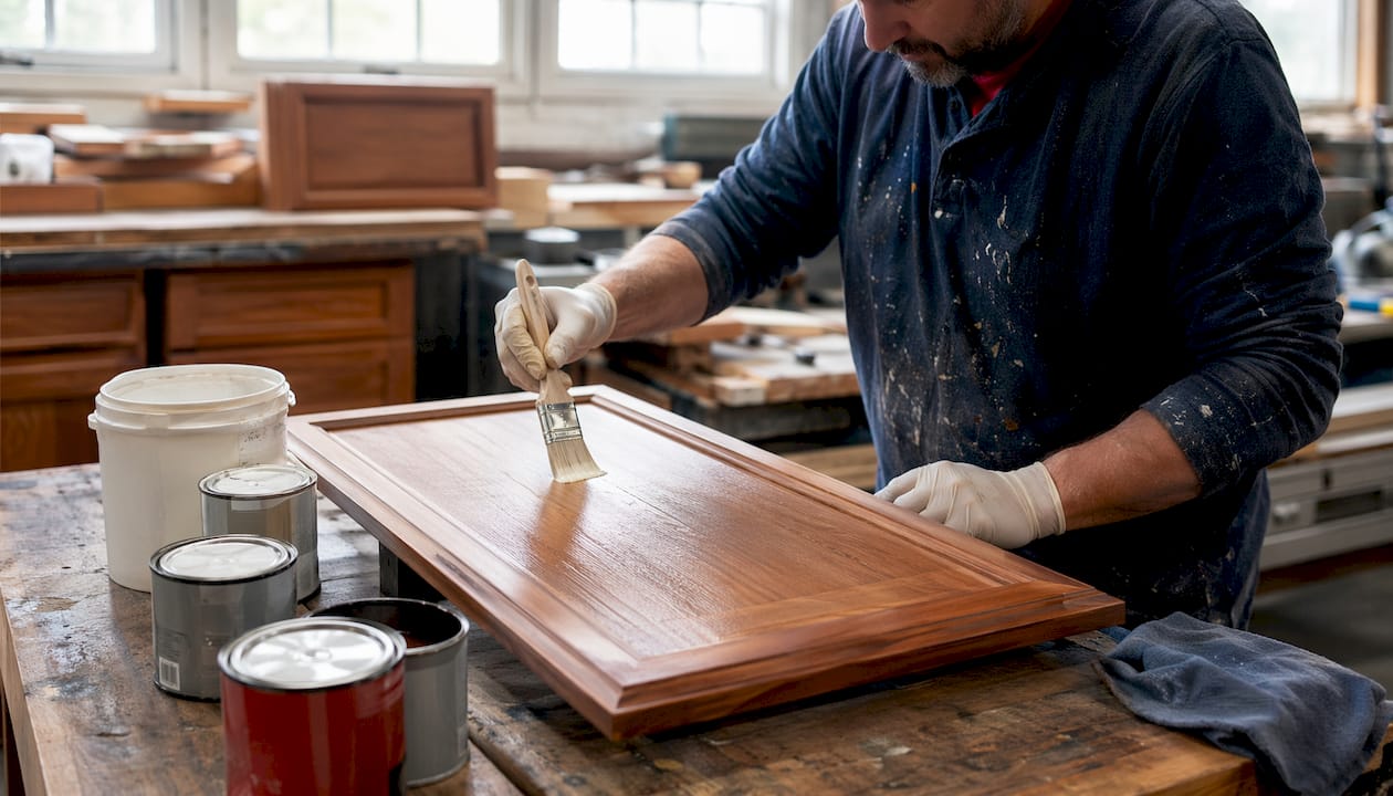 Close-up of hands applying satin low-VOC paint on cabinet