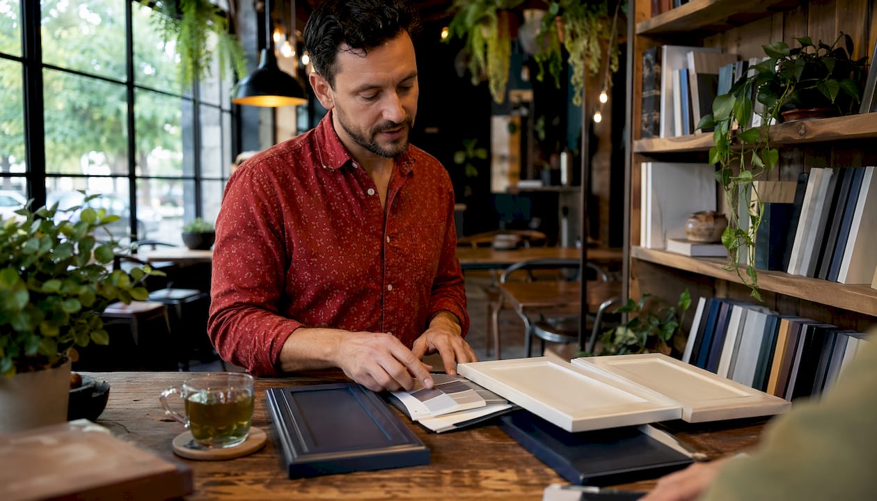 Designer examining two-tone cabinet colors