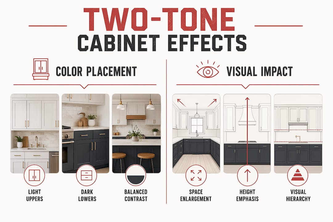 Infographic showing effects of two-tone cabinet color placement
