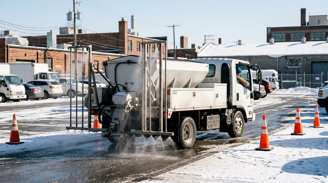 Spray truck applying brine on driveway entrance