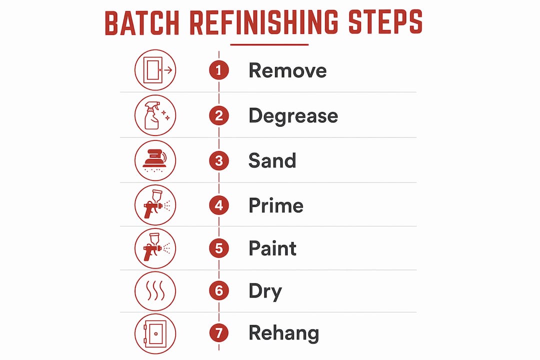 Infographic showing steps for batch cabinet refinishing