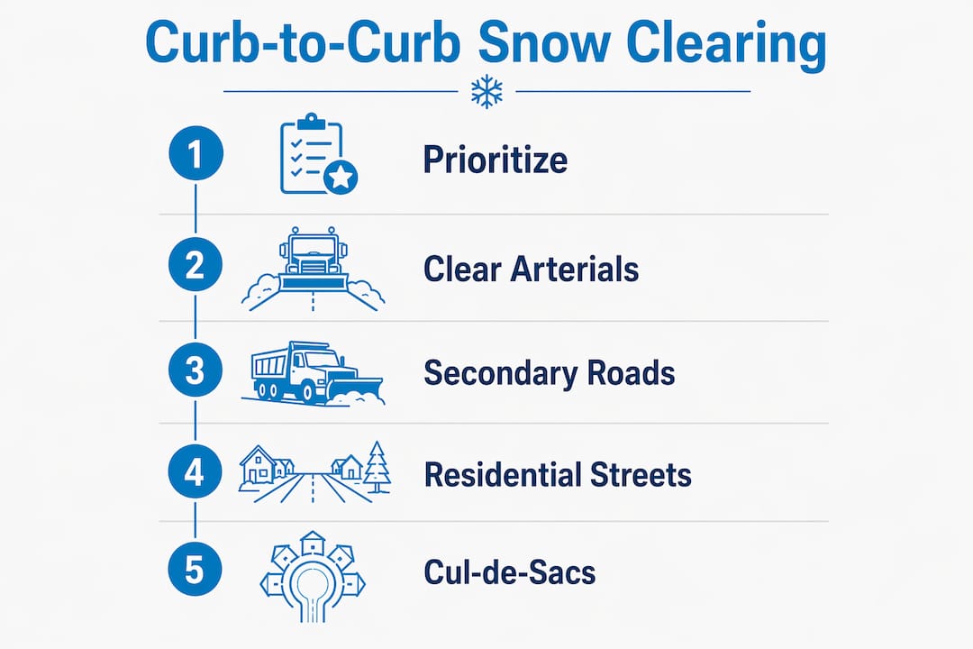 Infographic illustrating steps in curb-to-curb snow clearing process